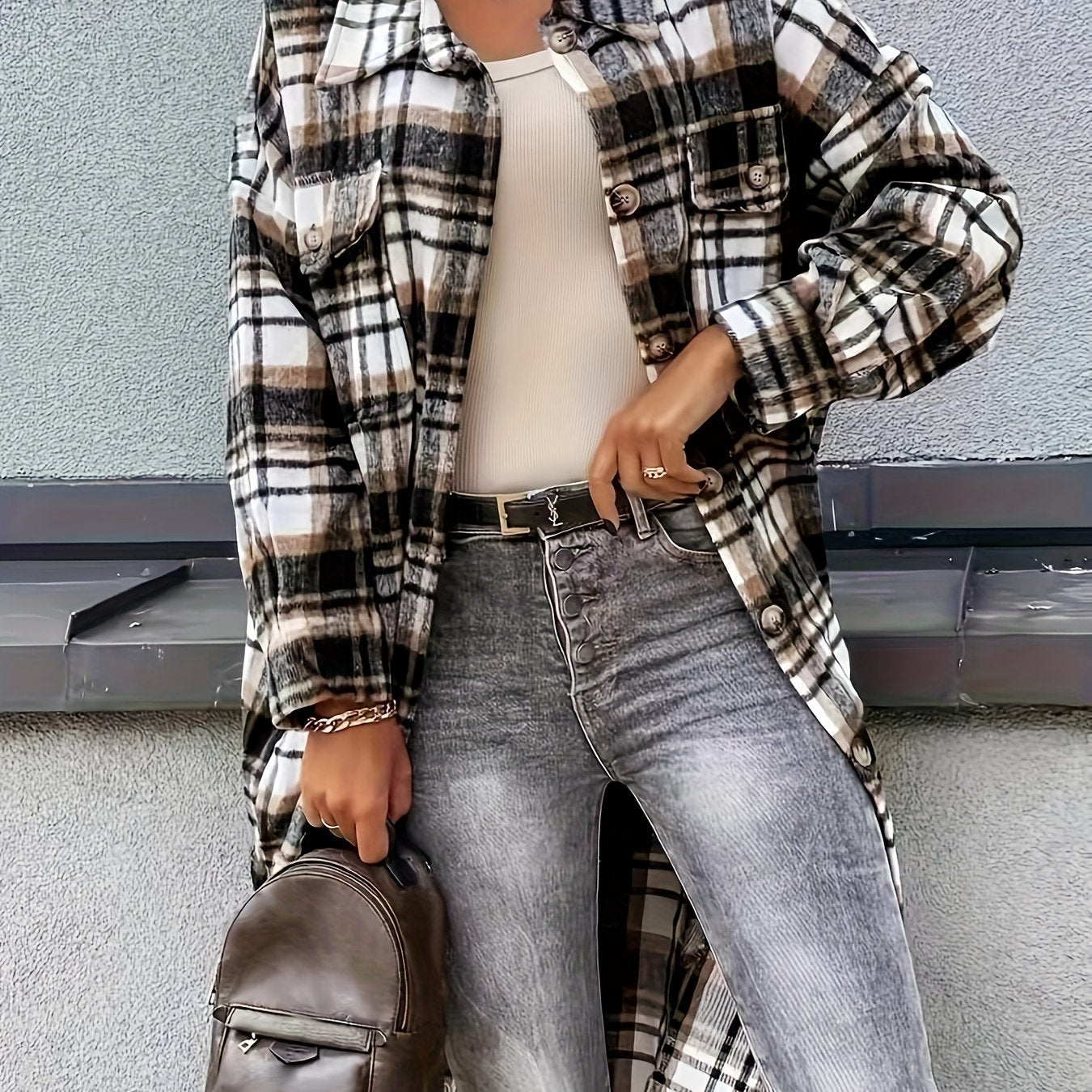 Evelora™ - Long Check Print Coat for Women