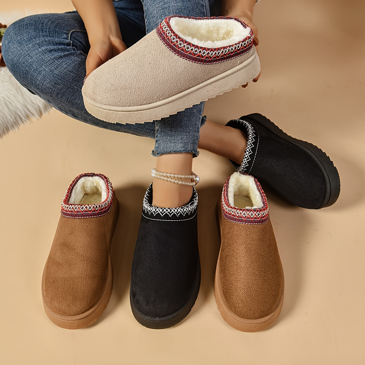 Selviane™ - Ethnic Slip-On Boots with Faux Fur Lining
