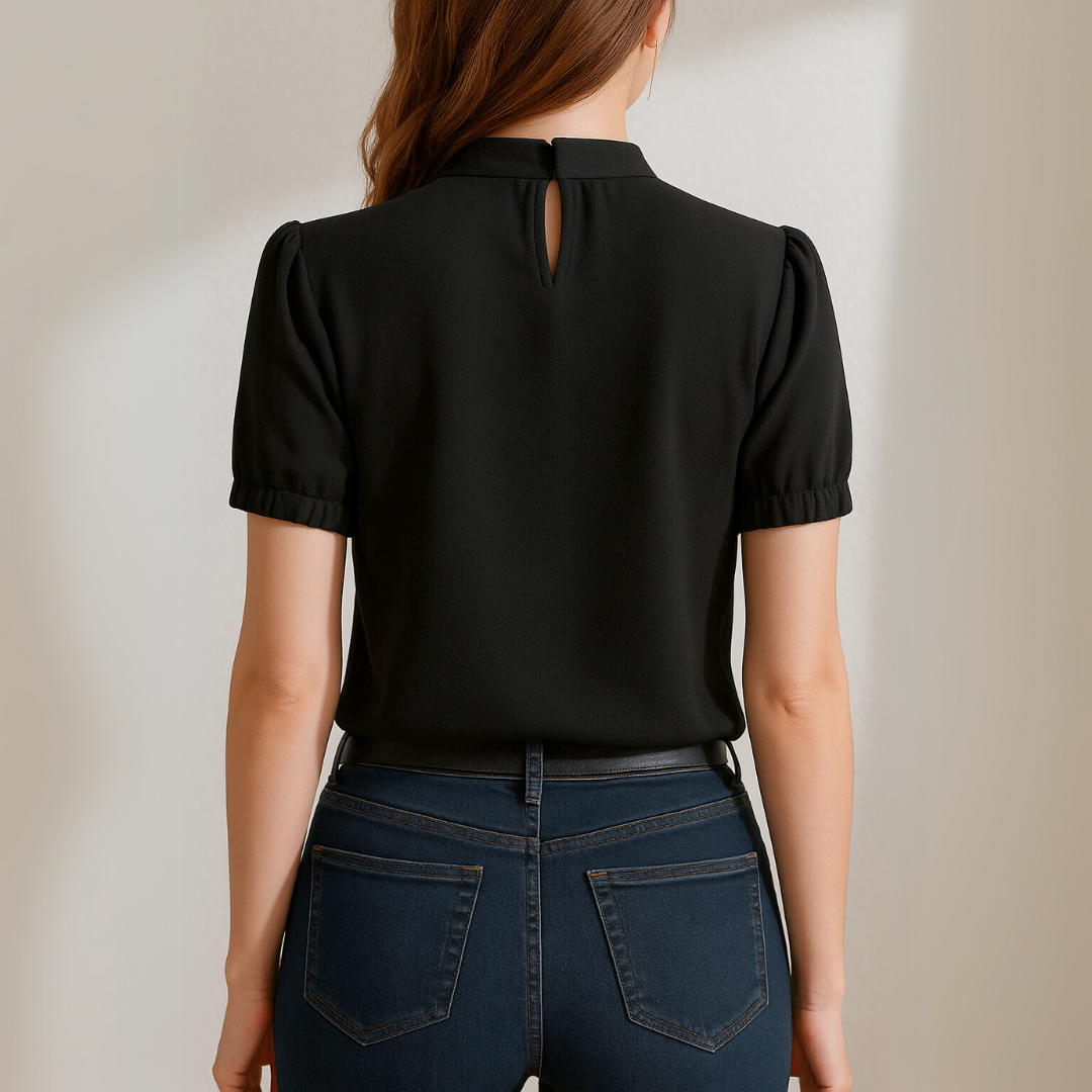 Evelia™ - Black pleated blouse with split sleeves