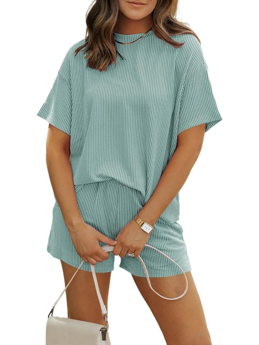 Irina - Ribbed Textured Shorts Set with Crew Neck
