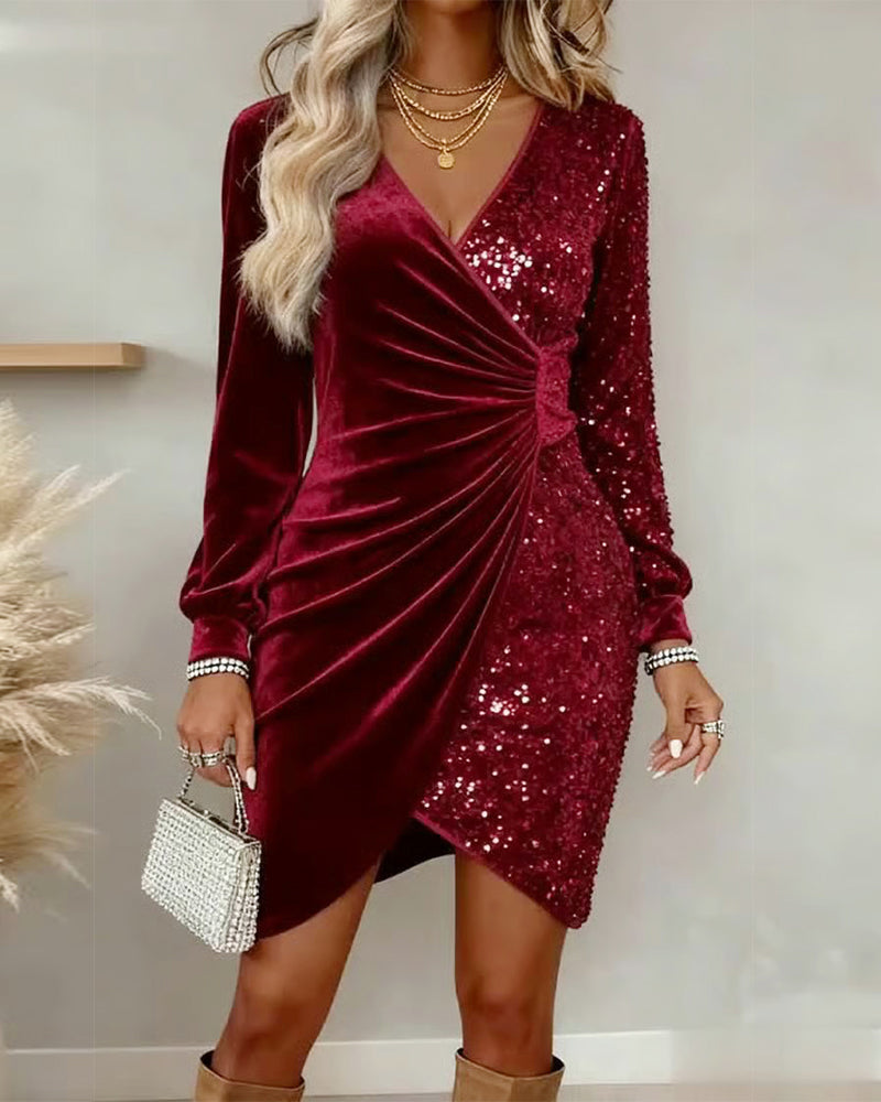 Fayriona - Sexy Velvet Plunge Neck Dress with Sequins