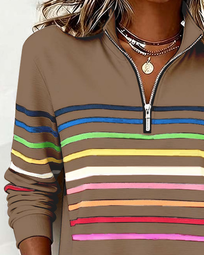 Isavelline - Casual Zip-Up Sweatshirt with Colourful Stripes