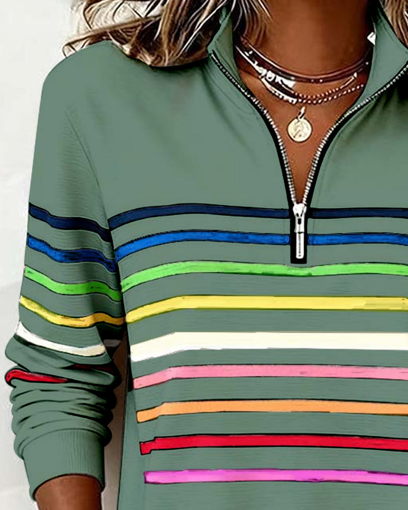 Isavelline - Casual Zip-Up Sweatshirt with Colourful Stripes