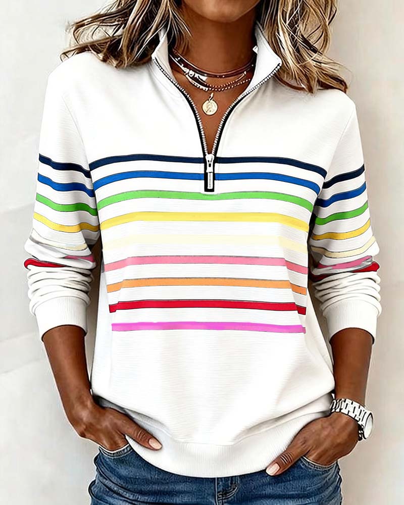 Isavelline - Casual Zip-Up Sweatshirt with Colourful Stripes