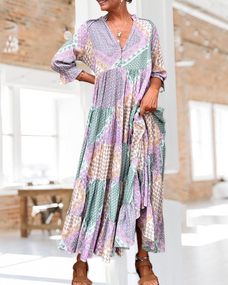 Quinna - Colorful Maxi Dress with Color Block Print and 3/4 Sleeves