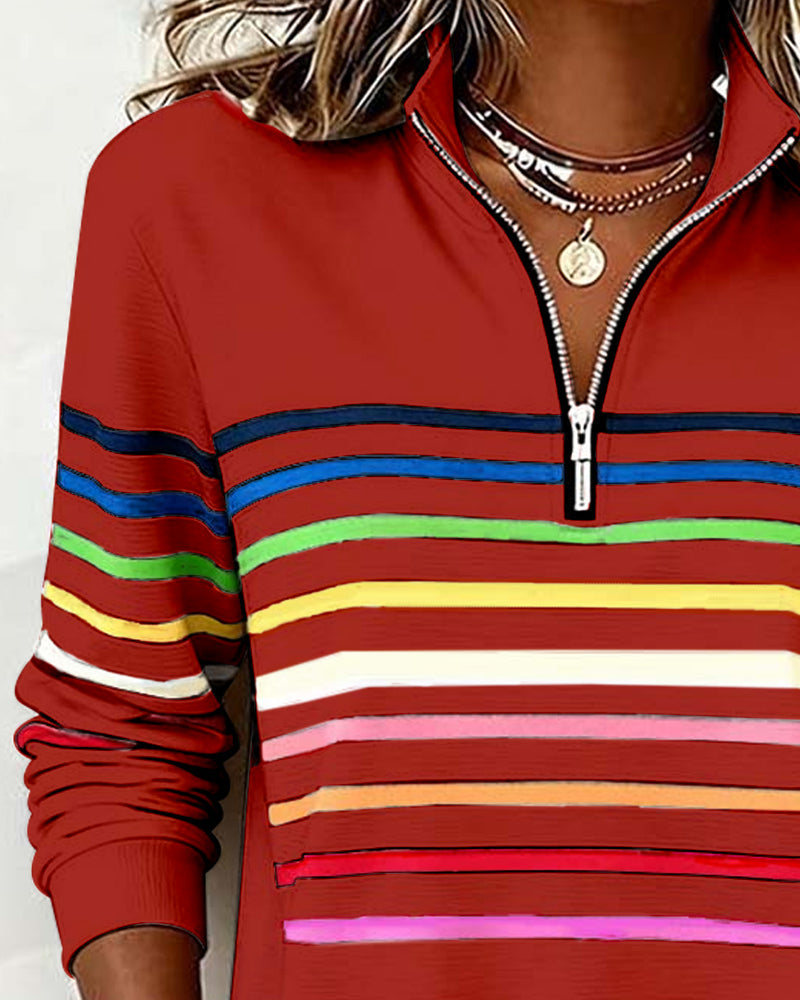 Isavelline - Casual Zip-Up Sweatshirt with Colourful Stripes