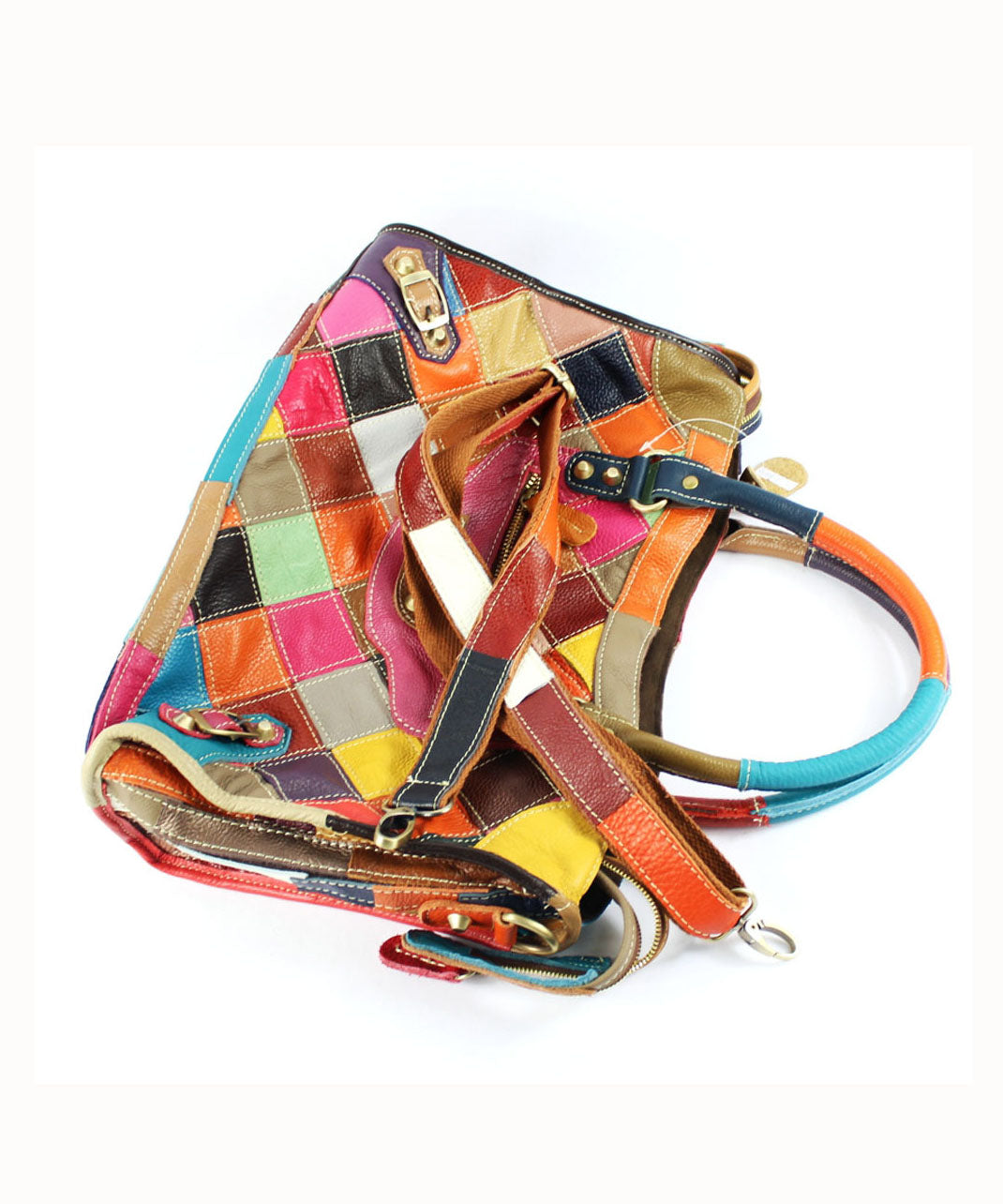 Gravina - Stylish patchwork calfskin tote bag with zip closure and colourblock studs