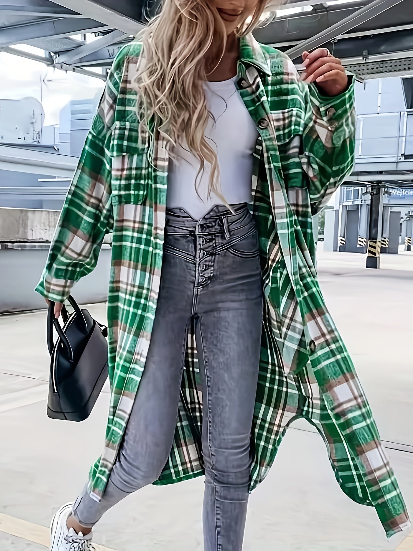 Evelora™ - Long Check Print Coat for Women