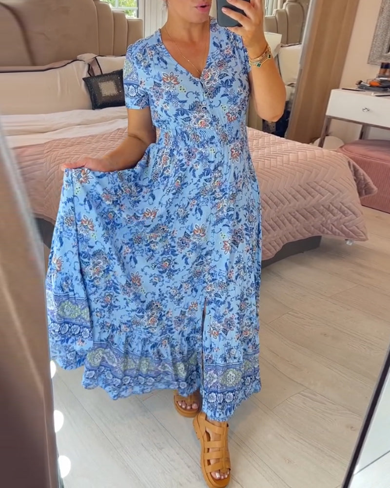 Denise - V-neck Floral Print Maxi Dress