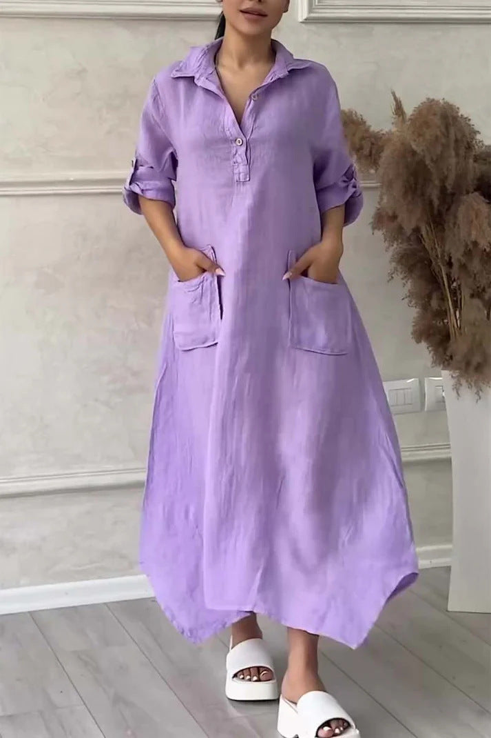 Leontine - Women's linen and cotton maxi dress with lapels
