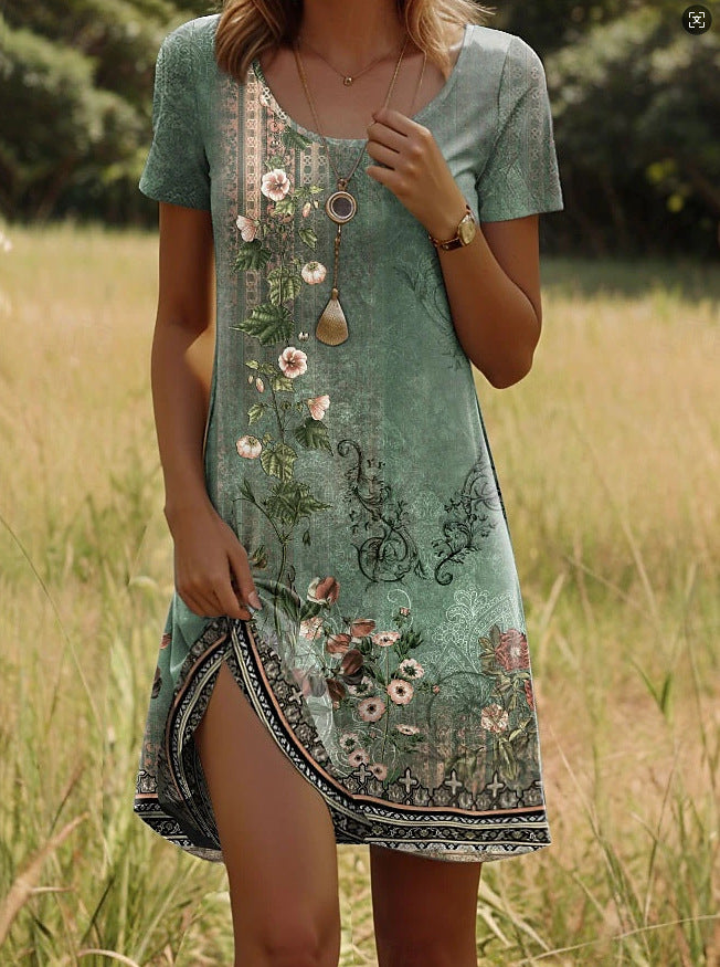 Nivara™ - Short Sleeve Indian Print Round Neck Dress