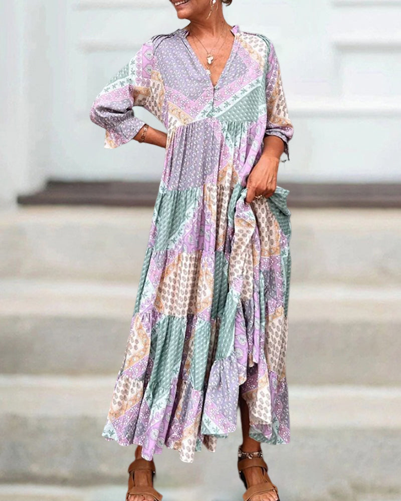 Quinna - Colorful Maxi Dress with Color Block Print and 3/4 Sleeves