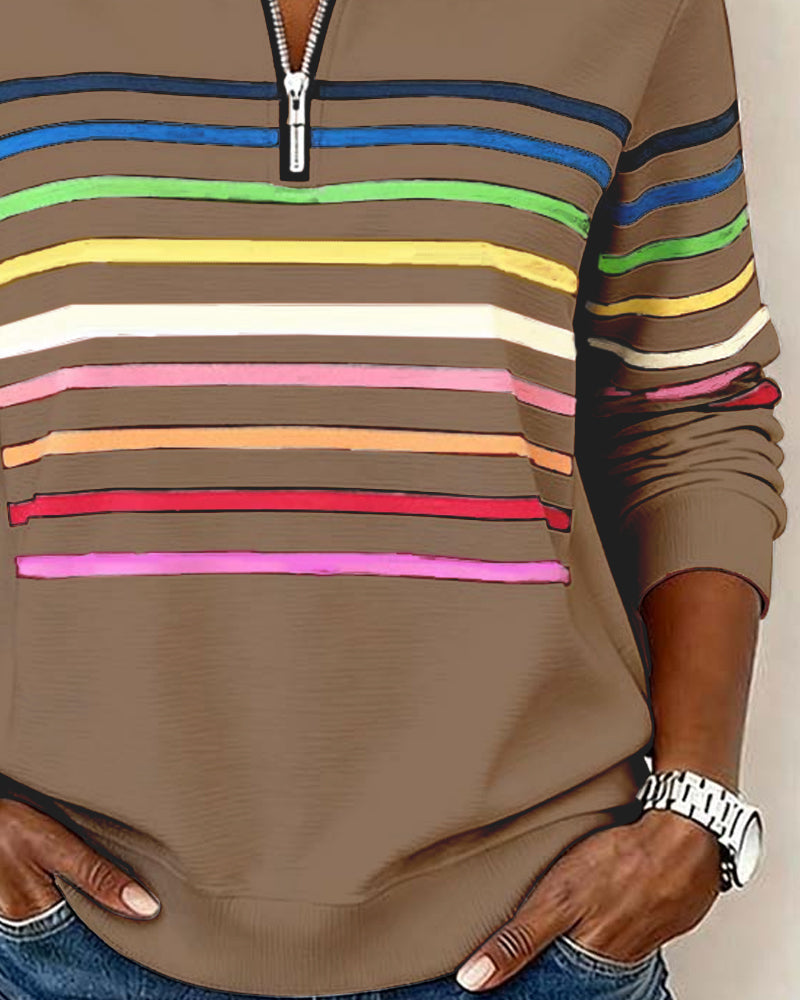 Isavelline - Casual Zip-Up Sweatshirt with Colourful Stripes