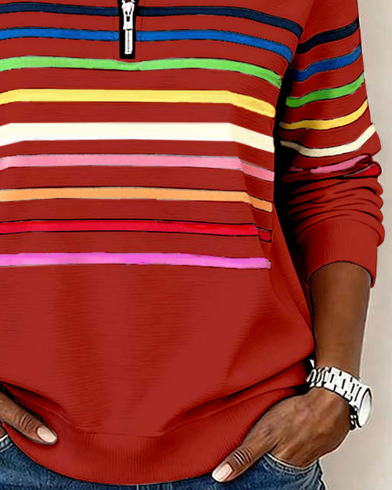 Isavelline - Casual Zip-Up Sweatshirt with Colourful Stripes