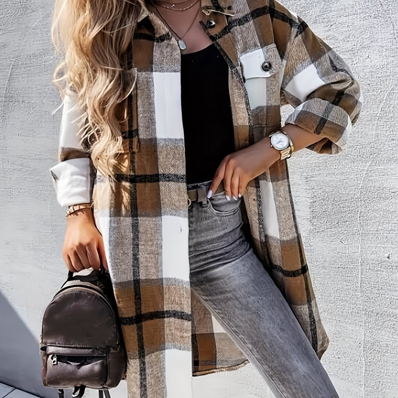Evelora™ - Long Check Print Coat for Women