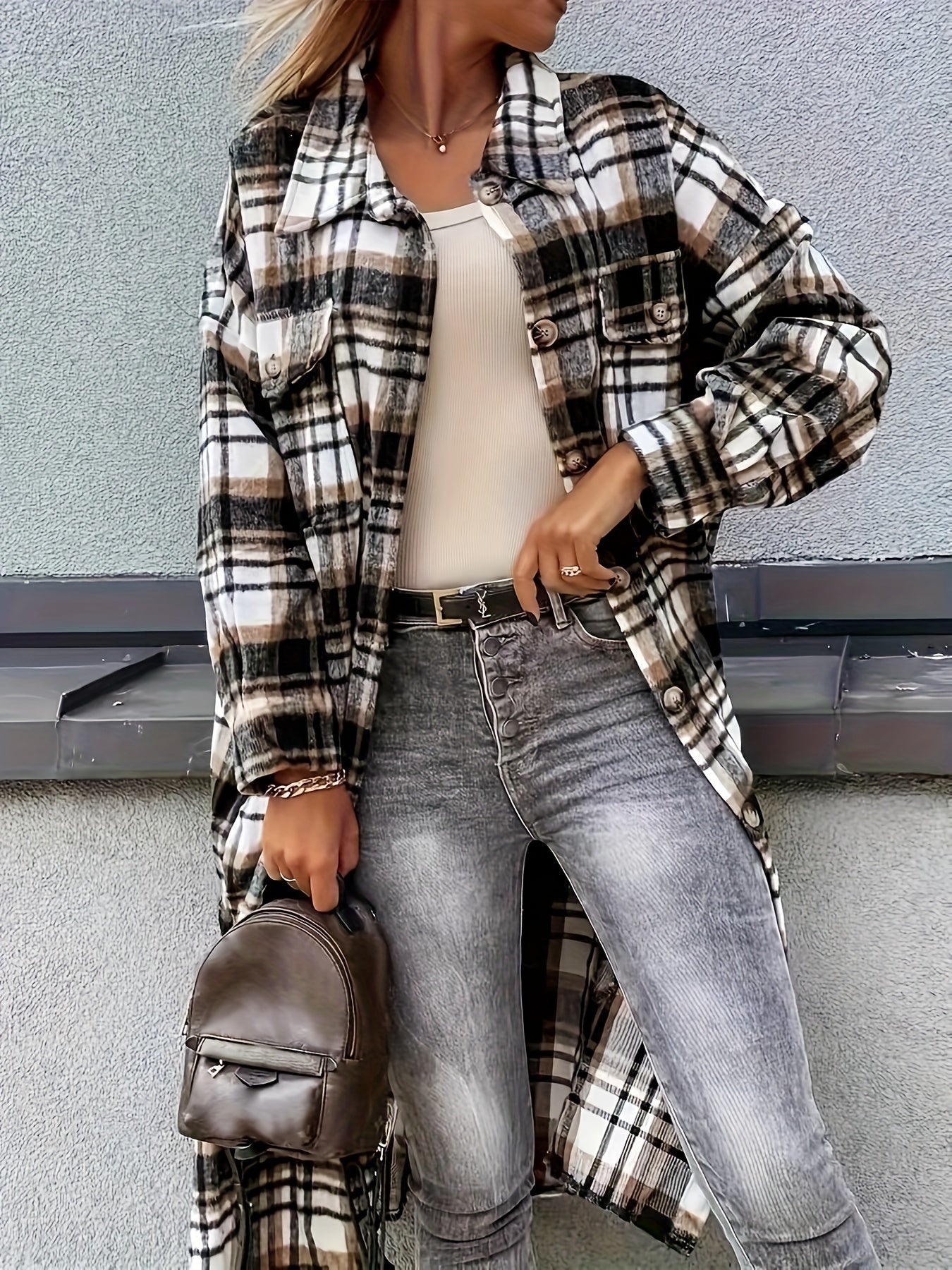 Evelora™ - Long Check Print Coat for Women