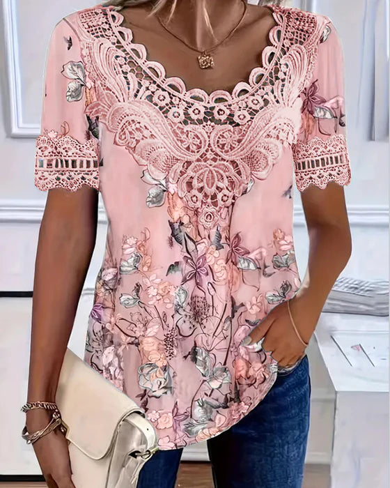 Amalina - Floral Print Short Sleeve T-Shirt for Fresh Casual Style