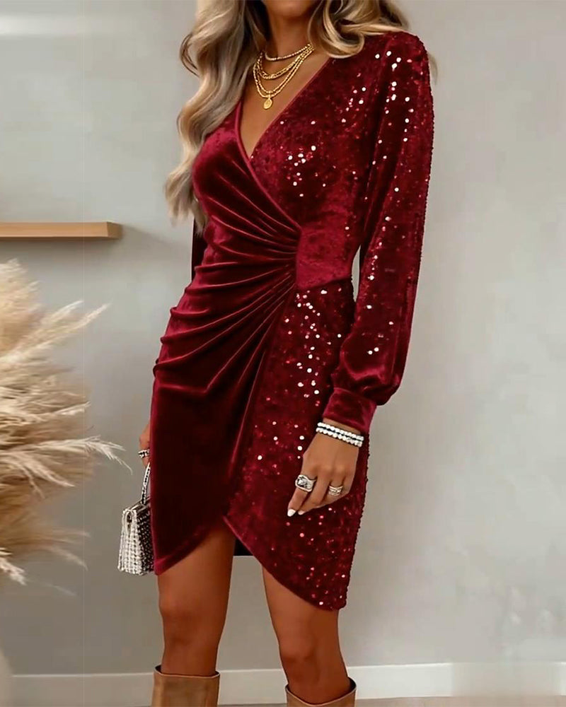 Fayriona - Sexy Velvet Plunge Neck Dress with Sequins