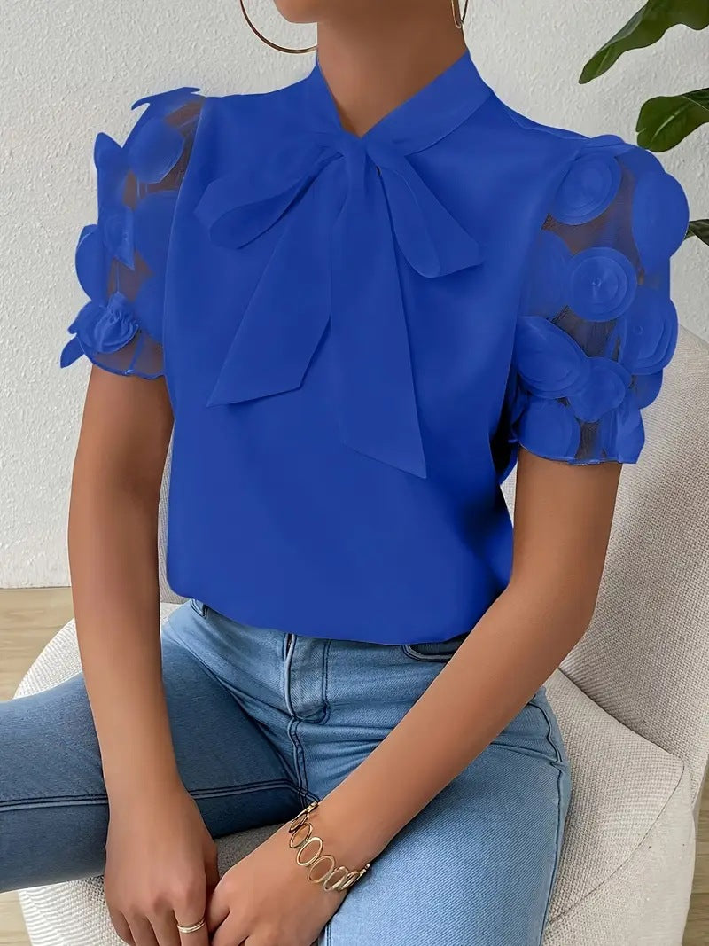 Cirelle™ - Plain lace summer blouse with bow and short sleeves