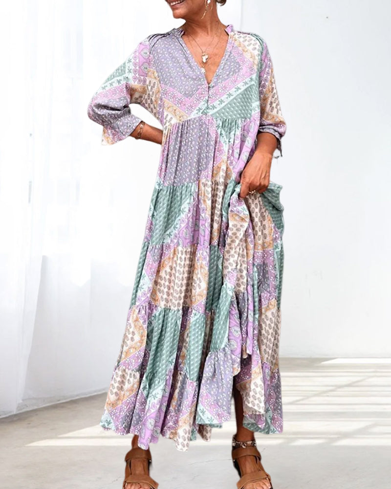 Quinna - Colorful Maxi Dress with Color Block Print and 3/4 Sleeves