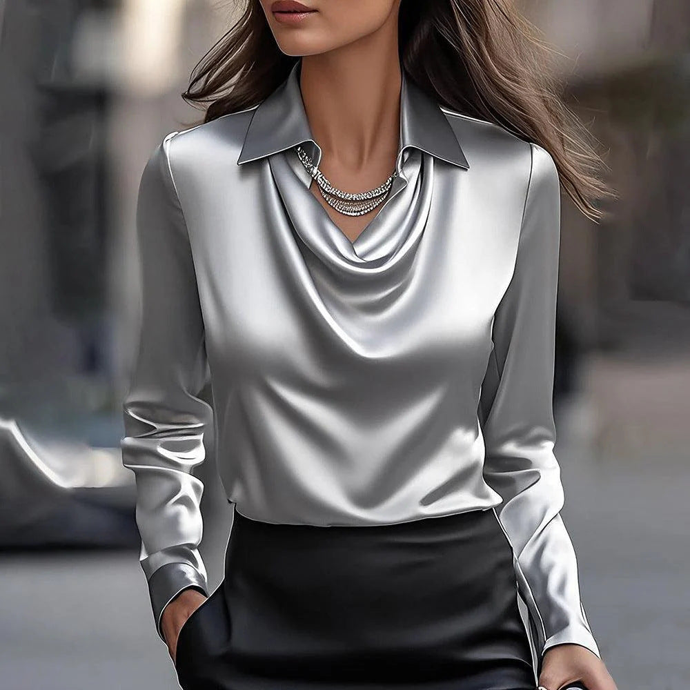 Laureline™ - Shiny Blouse with Pleated Collar - Chic & Timeless