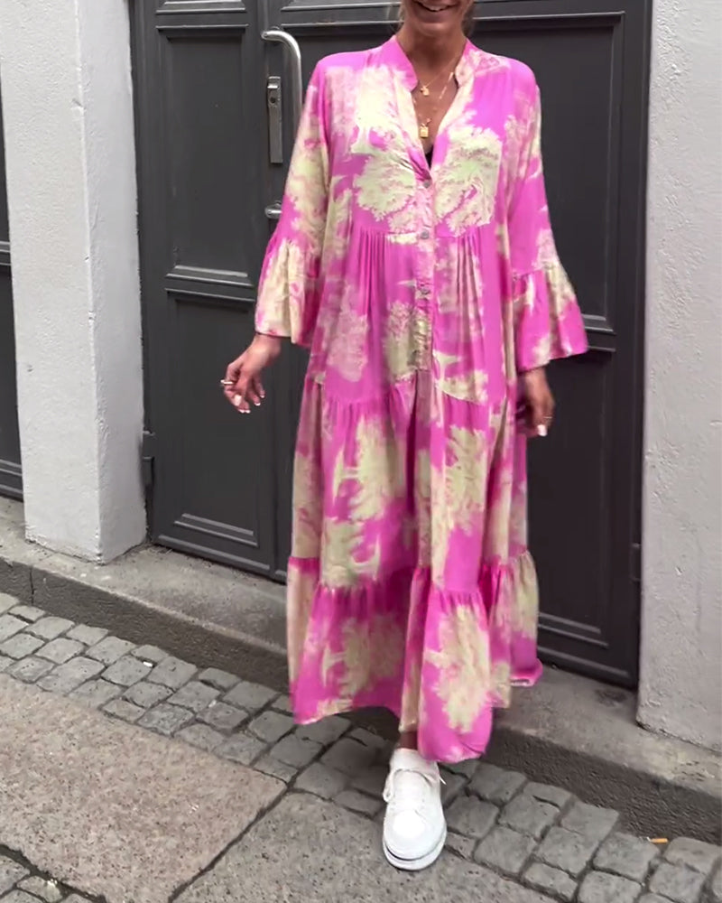 Greta - Ample Patchwork Dress with V-Neck and Printed Bell Sleeves