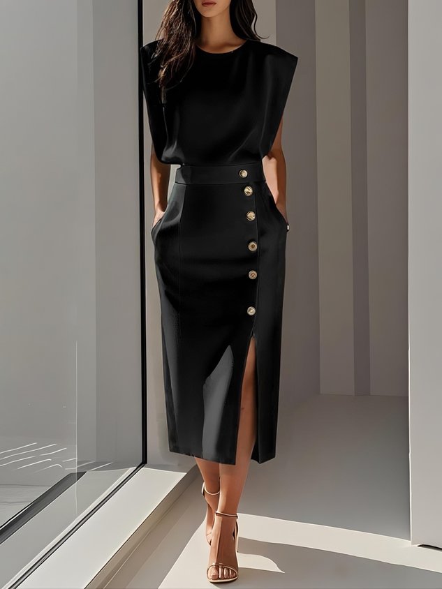 Floralia™ - Plain midi dress with button slit and round neckline