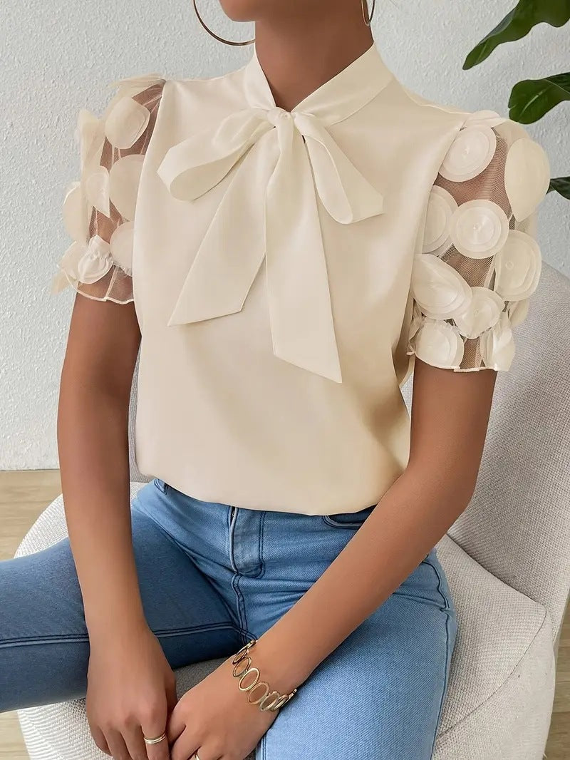 Cirelle™ - Plain lace summer blouse with bow and short sleeves