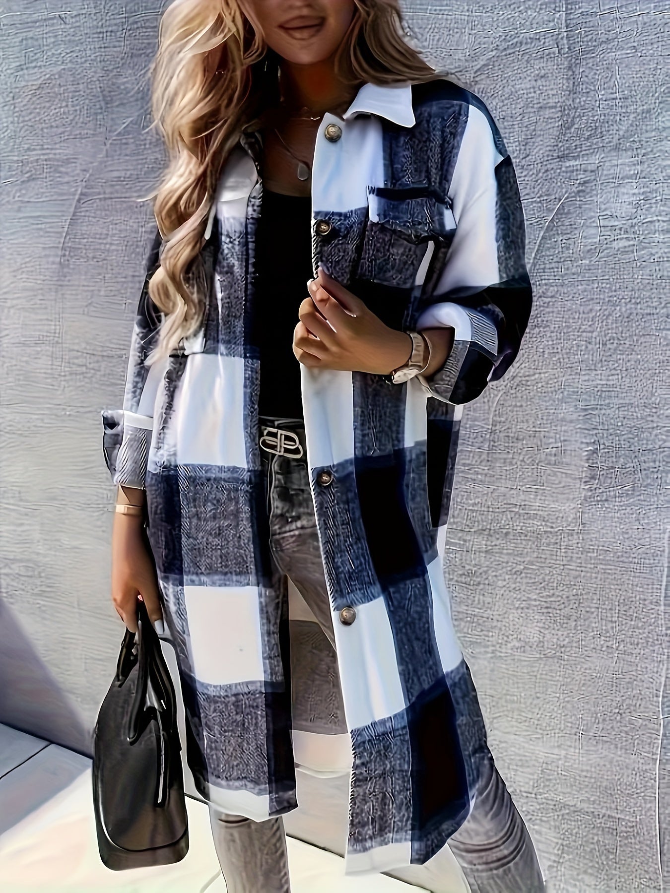 Evelora™ - Long Check Print Coat for Women