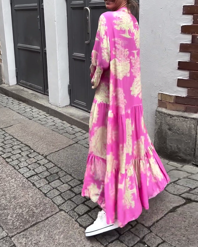 Greta - Ample Patchwork Dress with V-Neck and Printed Bell Sleeves