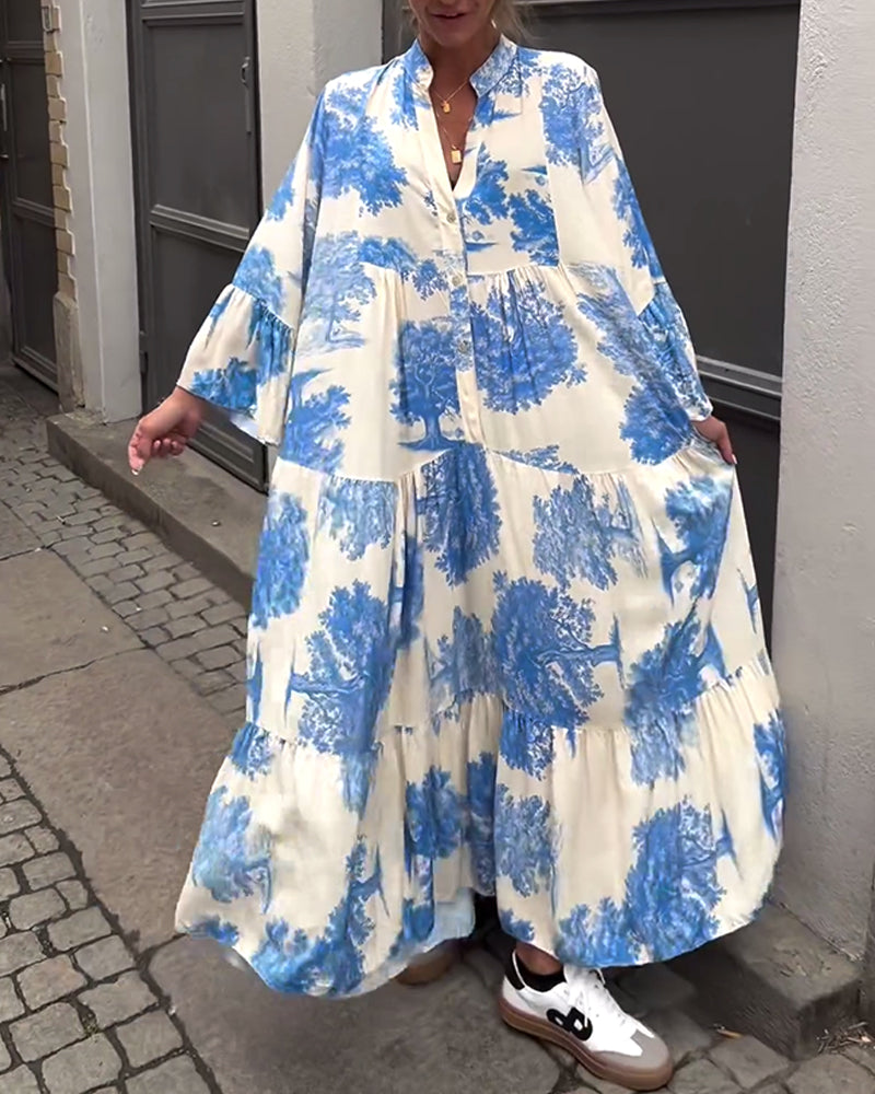 Greta - Ample Patchwork Dress with V-Neck and Printed Bell Sleeves