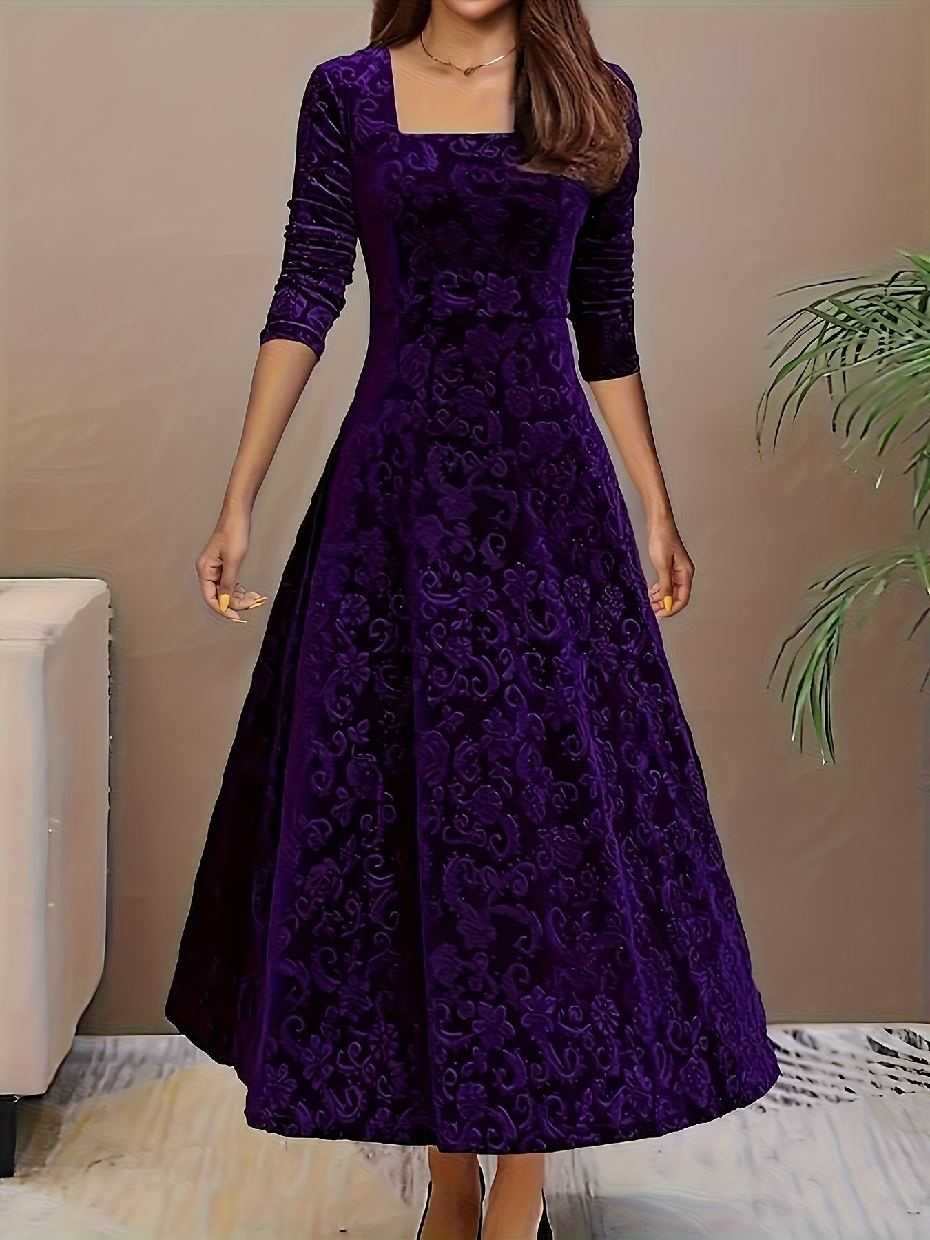 Morwenna - Stylish Cotton Floral Pattern Square Neck Velvet Formal Dress for Women | Ideal for Every Season