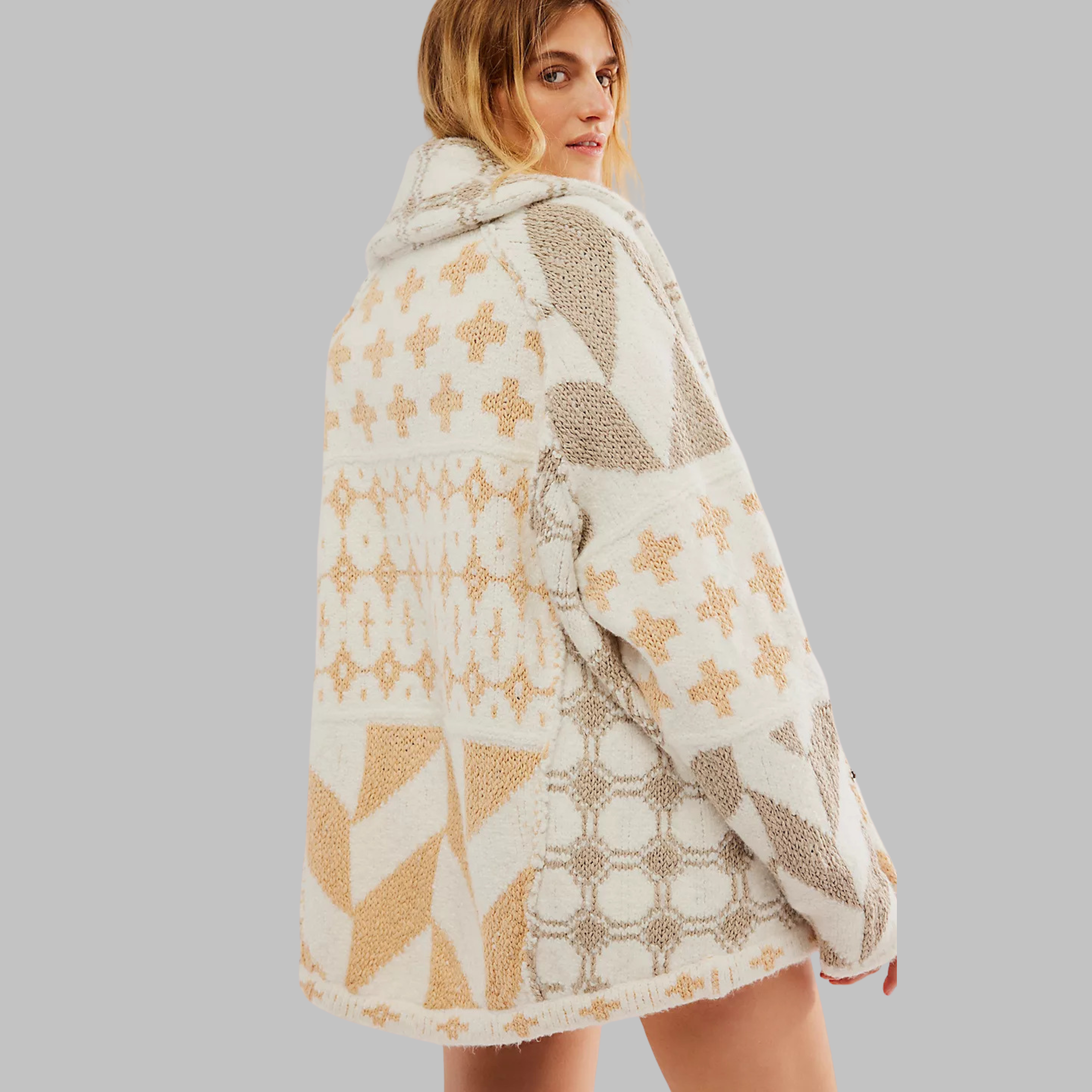 Quenalya - Oversized Cardigan with Vintage Buttoned Collar