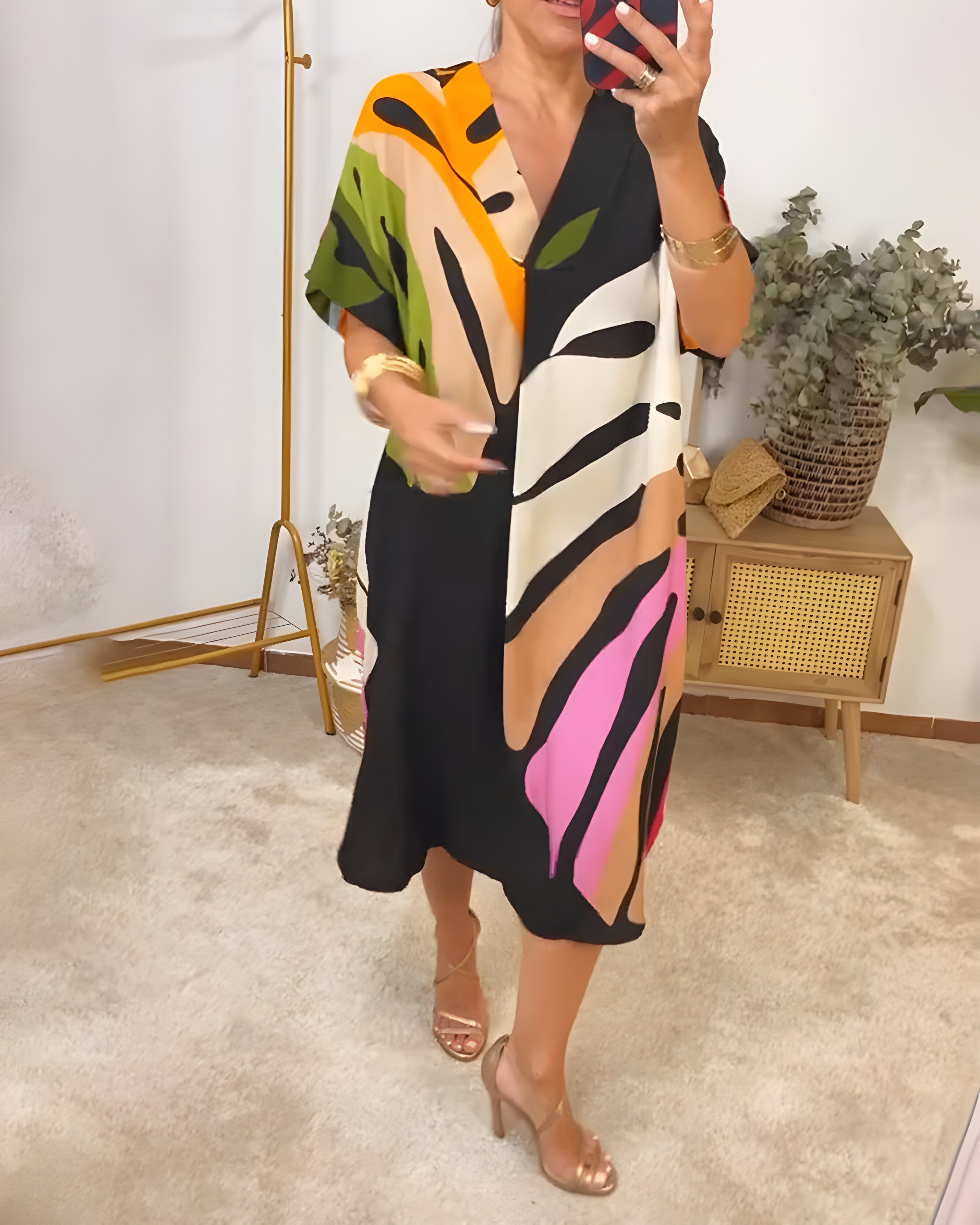 Nerissa - Colorful Leaf Print Casual Dress for Fresh, Natural Style