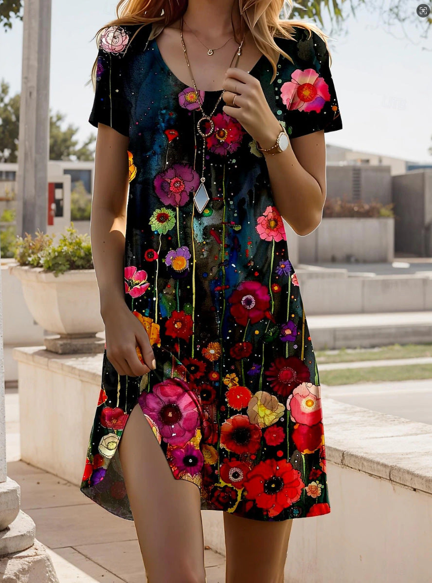 Nivara™ - Short Sleeve Indian Print Round Neck Dress