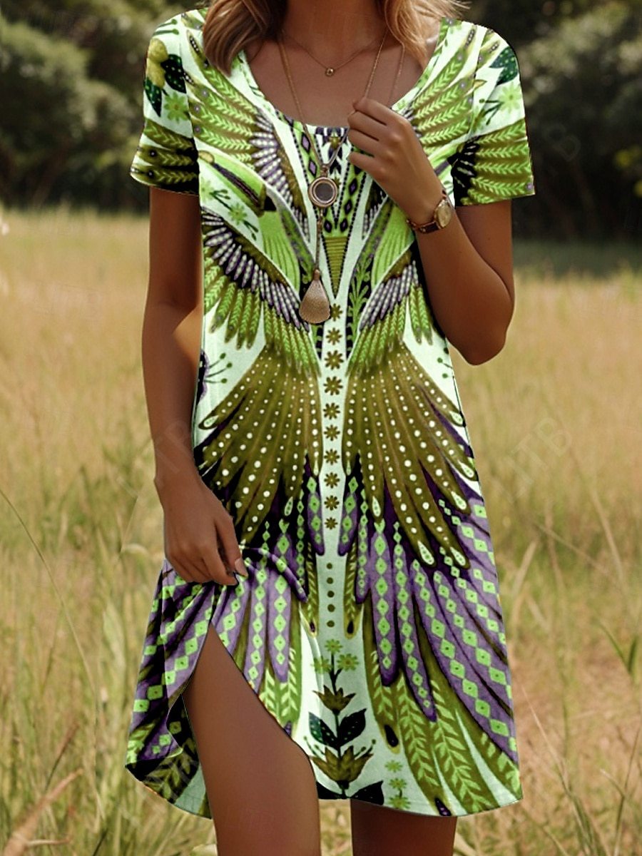 Nivara™ - Short Sleeve Indian Print Round Neck Dress