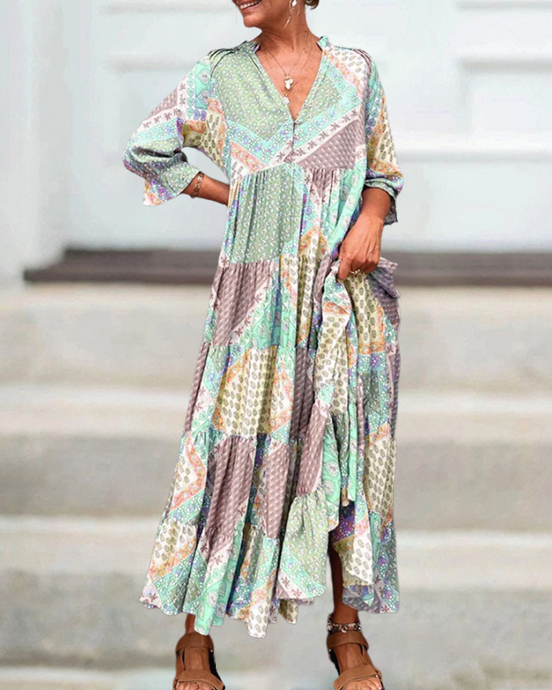 Quinna - Colorful Maxi Dress with Color Block Print and 3/4 Sleeves