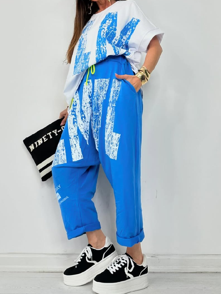 Kirelle - Women's casual outfit with printed round-neck top and trousers