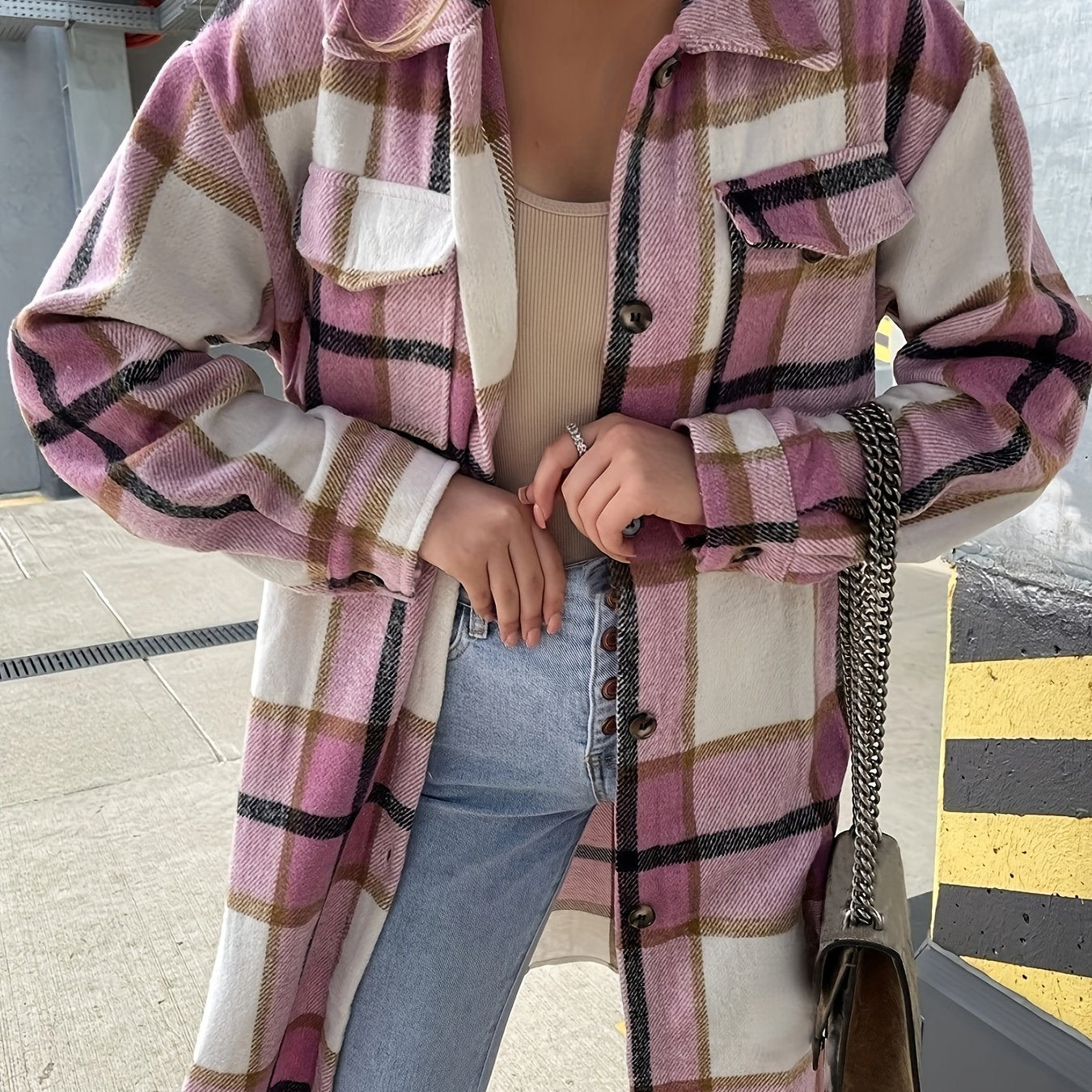 Evelora™ - Long Check Print Coat for Women