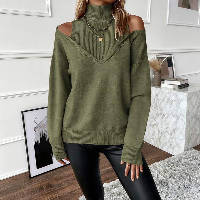 Avenelle - Women's Bold Wool Jumper with High Neck and Off-Shoulder Design