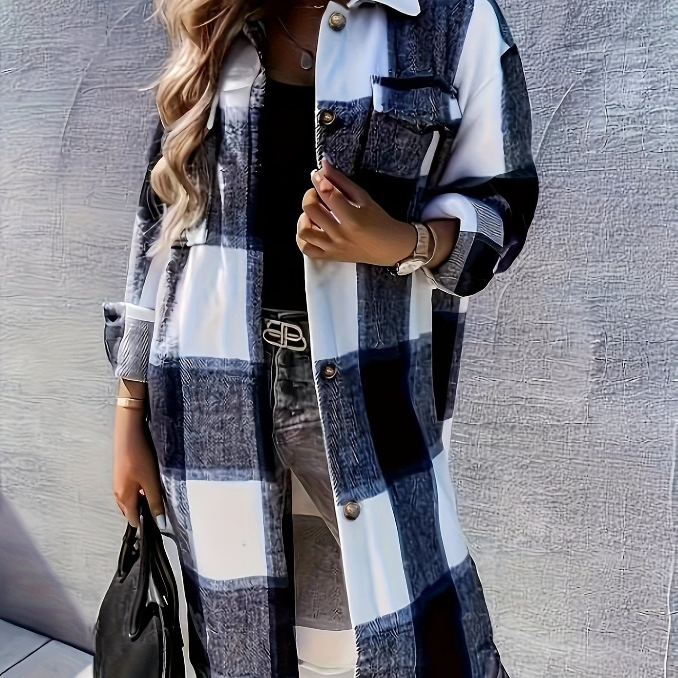 Evelora™ - Long Check Print Coat for Women