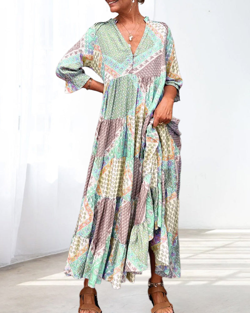 Quinna - Colorful Maxi Dress with Color Block Print and 3/4 Sleeves