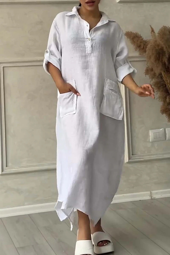 Leontine - Women's linen and cotton maxi dress with lapels