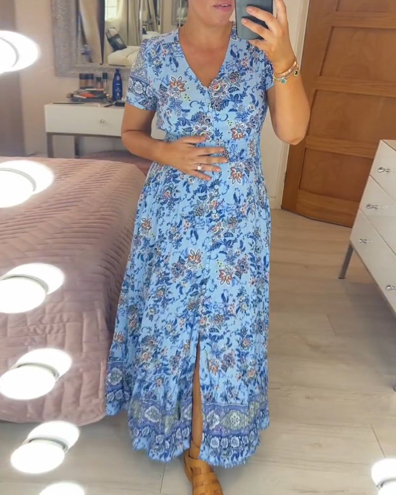 Denise - V-neck Floral Print Maxi Dress