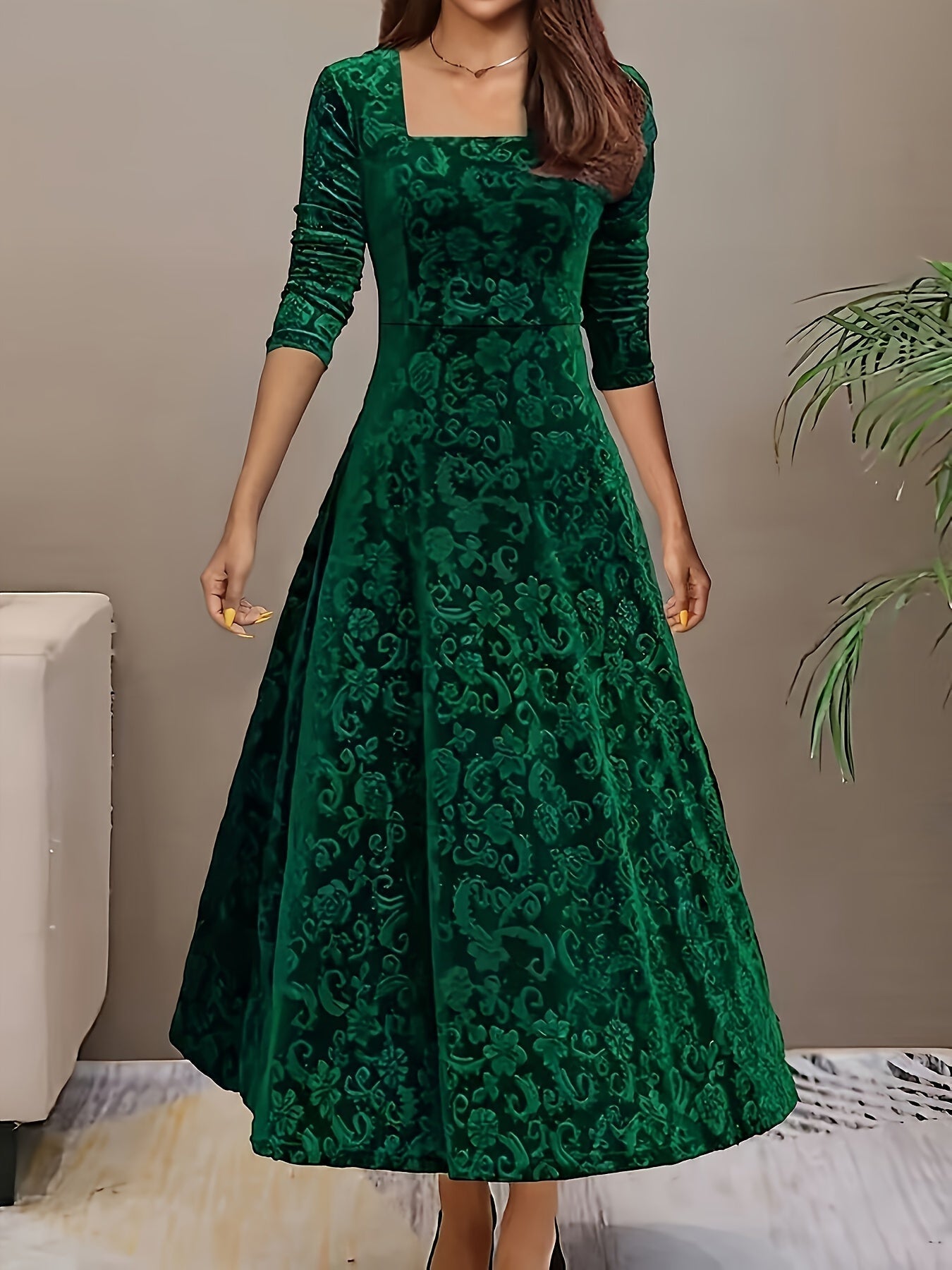 Morwenna - Stylish Cotton Floral Pattern Square Neck Velvet Formal Dress for Women | Ideal for Every Season