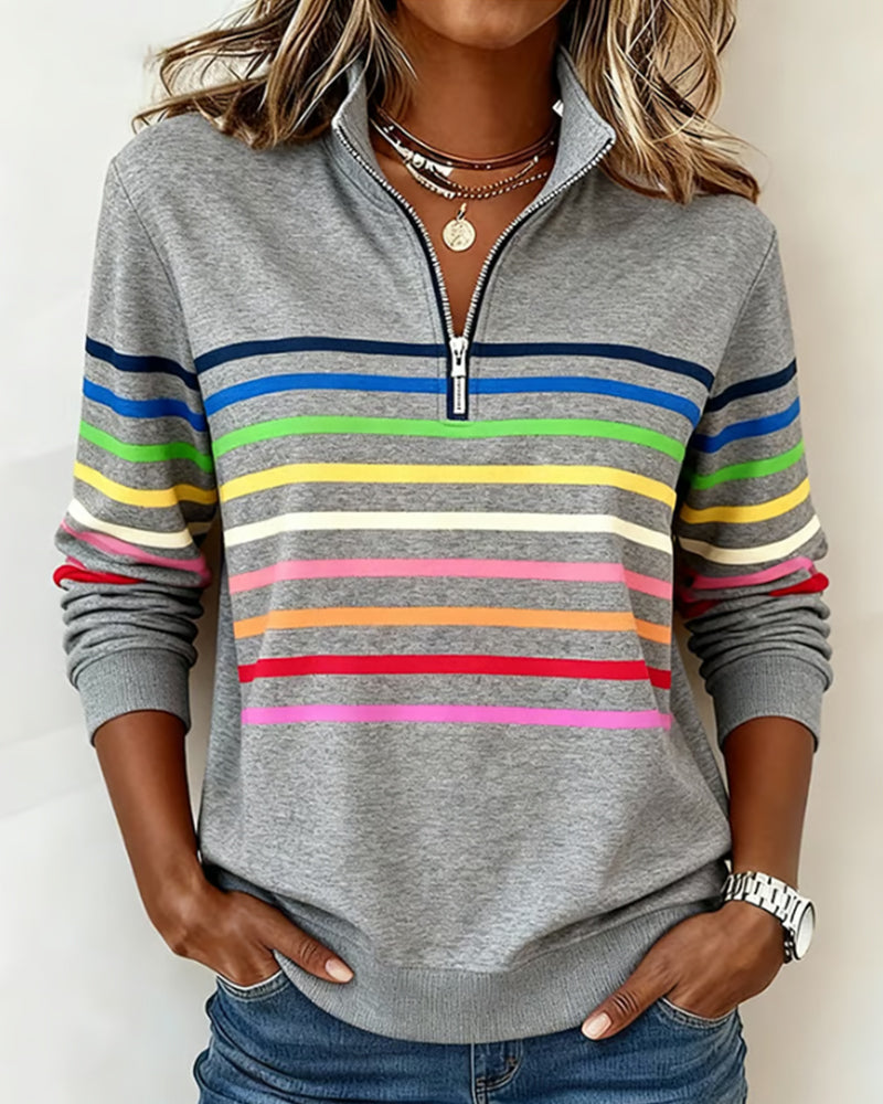 Isavelline - Casual Zip-Up Sweatshirt with Colourful Stripes
