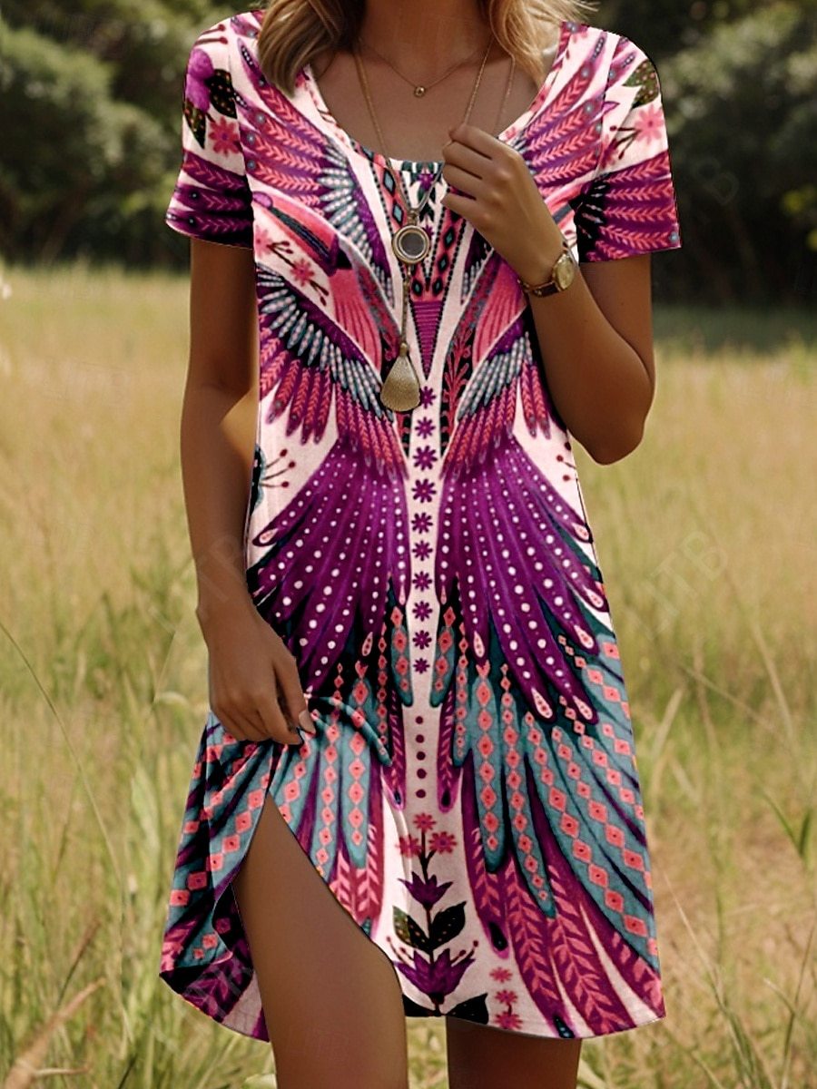 Nivara™ - Short Sleeve Indian Print Round Neck Dress