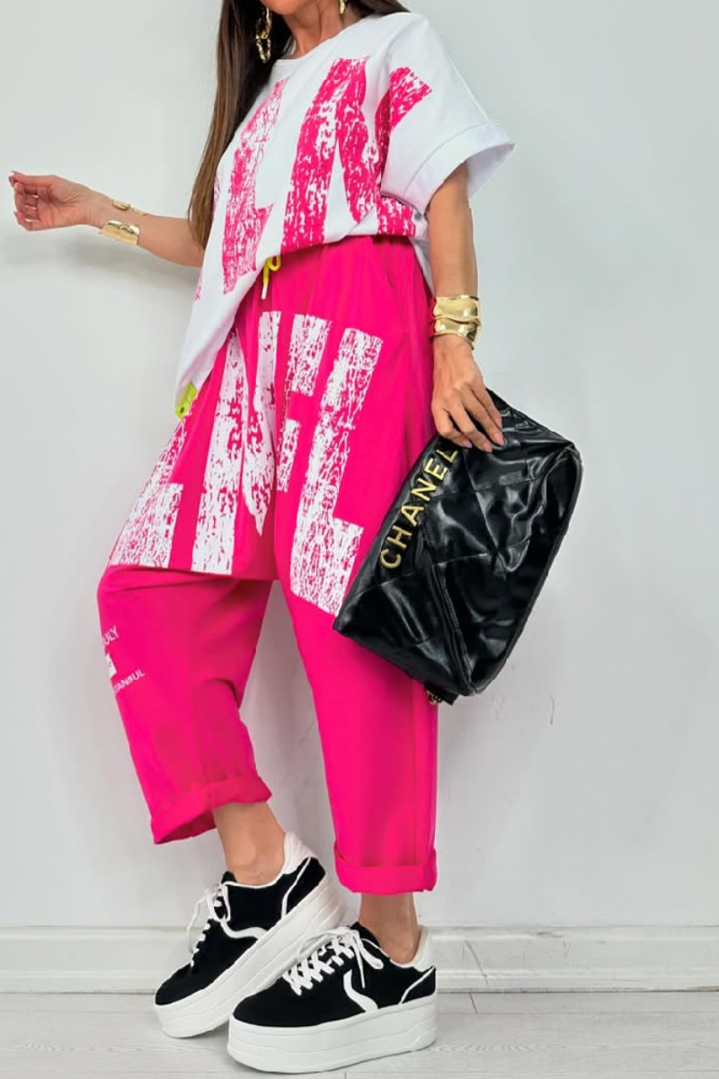 Kirelle - Women's casual outfit with printed round-neck top and trousers