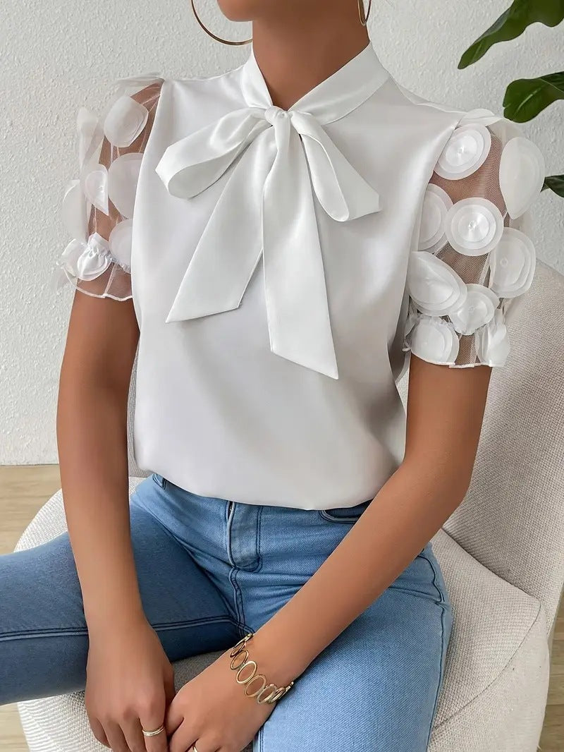Cirelle™ - Plain lace summer blouse with bow and short sleeves
