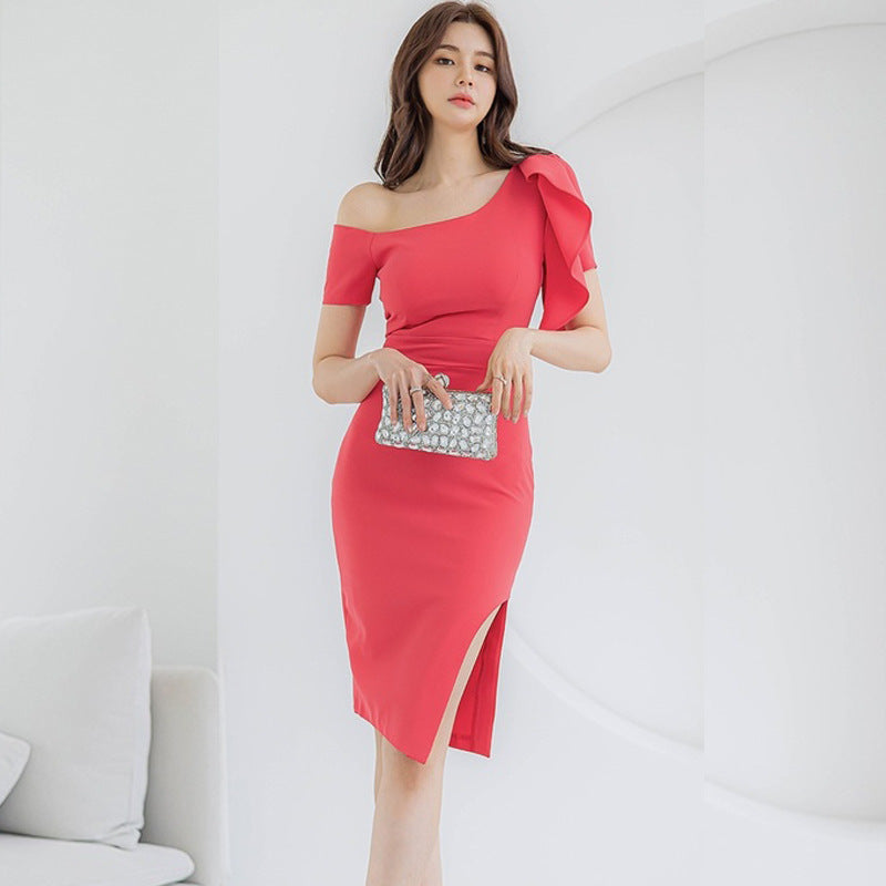 Asymmetric Slanted Collar Midi Dress – Women’s Elegant Style